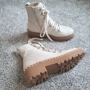 Steve Madden Women's Rainier Leather Ankle Lace Up Boots Bone Pearl Tweed  Sz 10